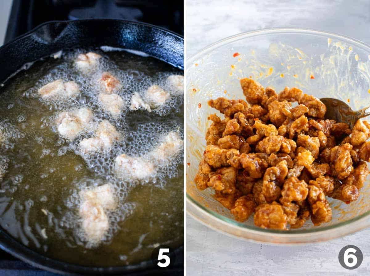 Frying pieces of chicken and adding sauce for Chicken Oriental.