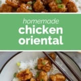 Chicken Oriental collage with text bar in the middle.