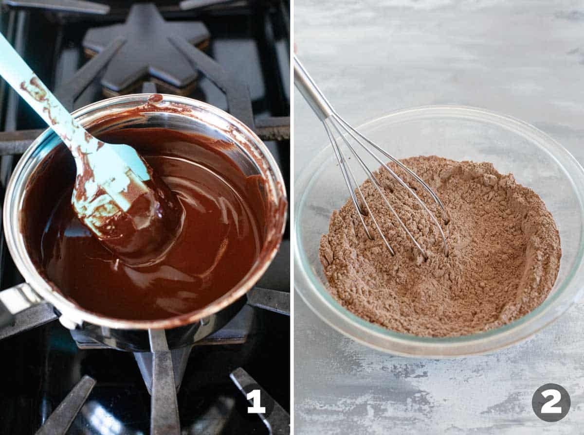 Melting chocolate and mixing dry ingredients for Coconut Brownie Cookies.