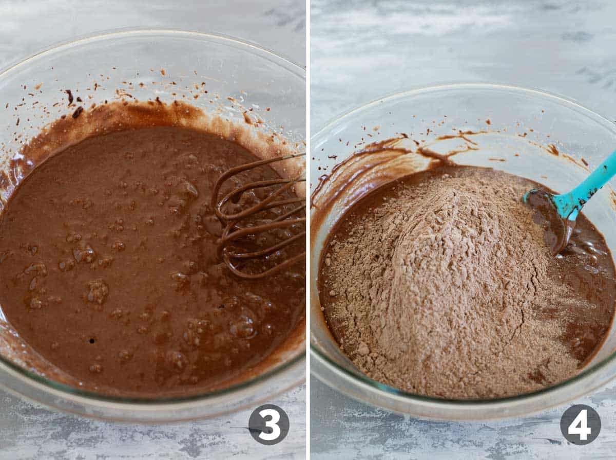 Mixing wet ingredients and adding dry ingredients for Coconut Brownie Cookies.