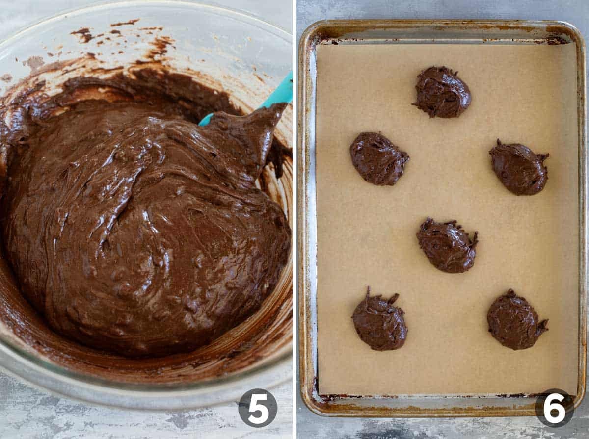 Coconut brownie cookie batter, and unbaked cookies on a cookie sheet.