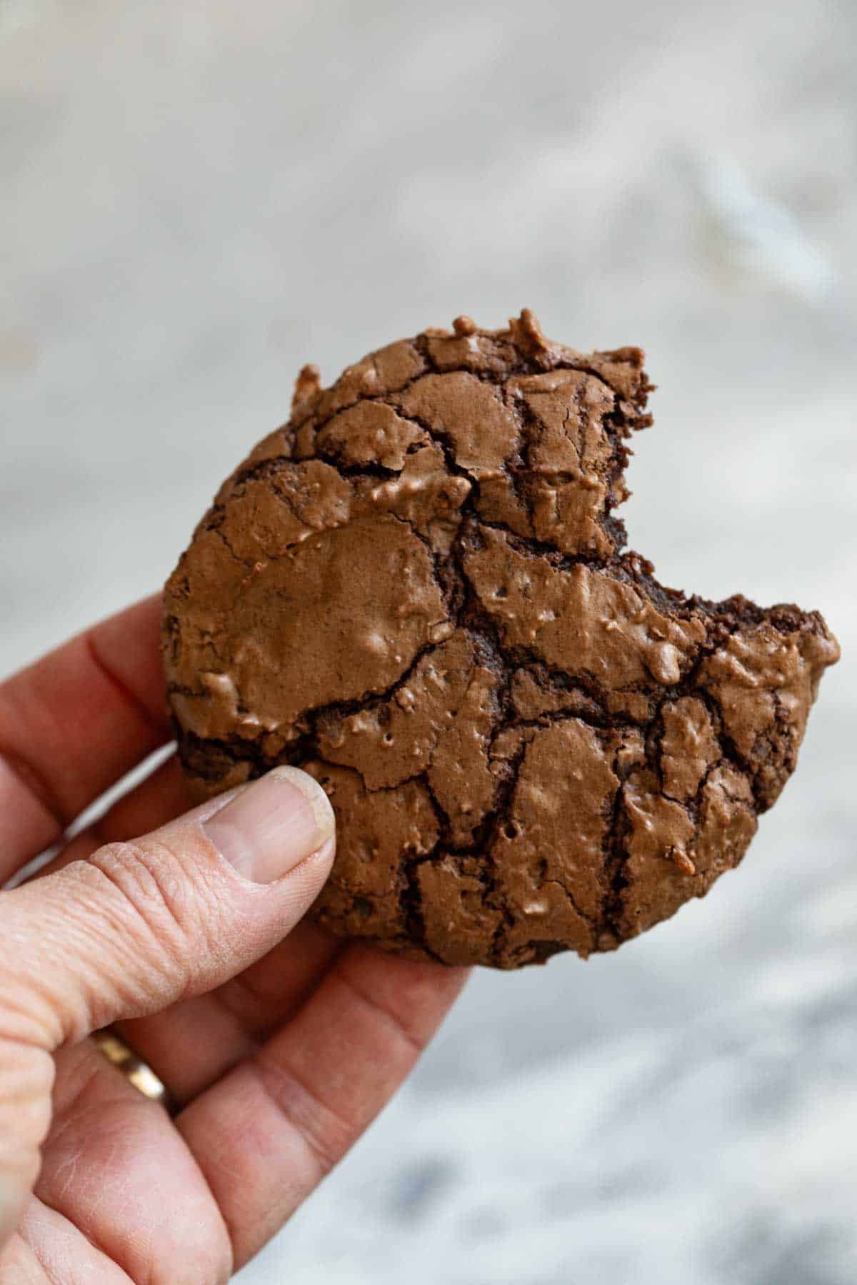 Hand holding a Coconut Brownie Cookie with a bite taken from it.