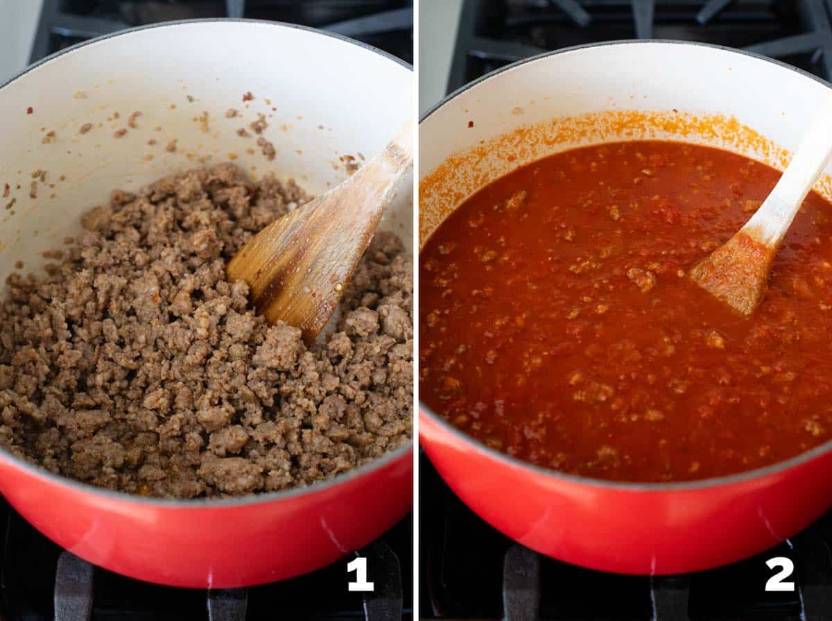 Cooking sausage and adding pasta sauce in a Dutch oven.