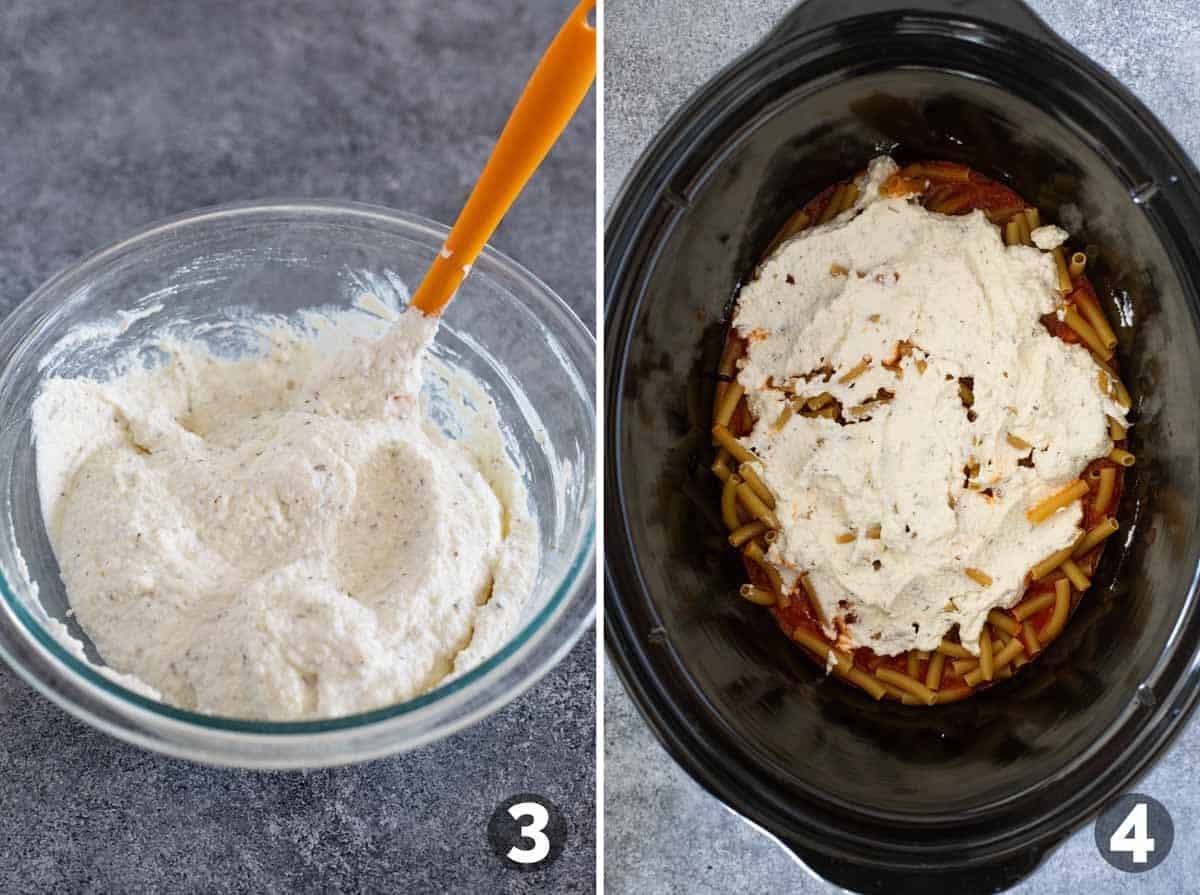 Mixing ricotta and starting to layer ingredients for Crock Pot Baked Ziti.