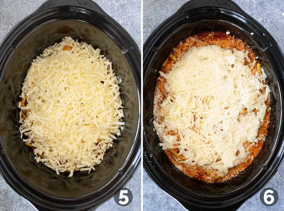 Layering ingredients in a slow cooker for Crock Pot Baked Ziti.