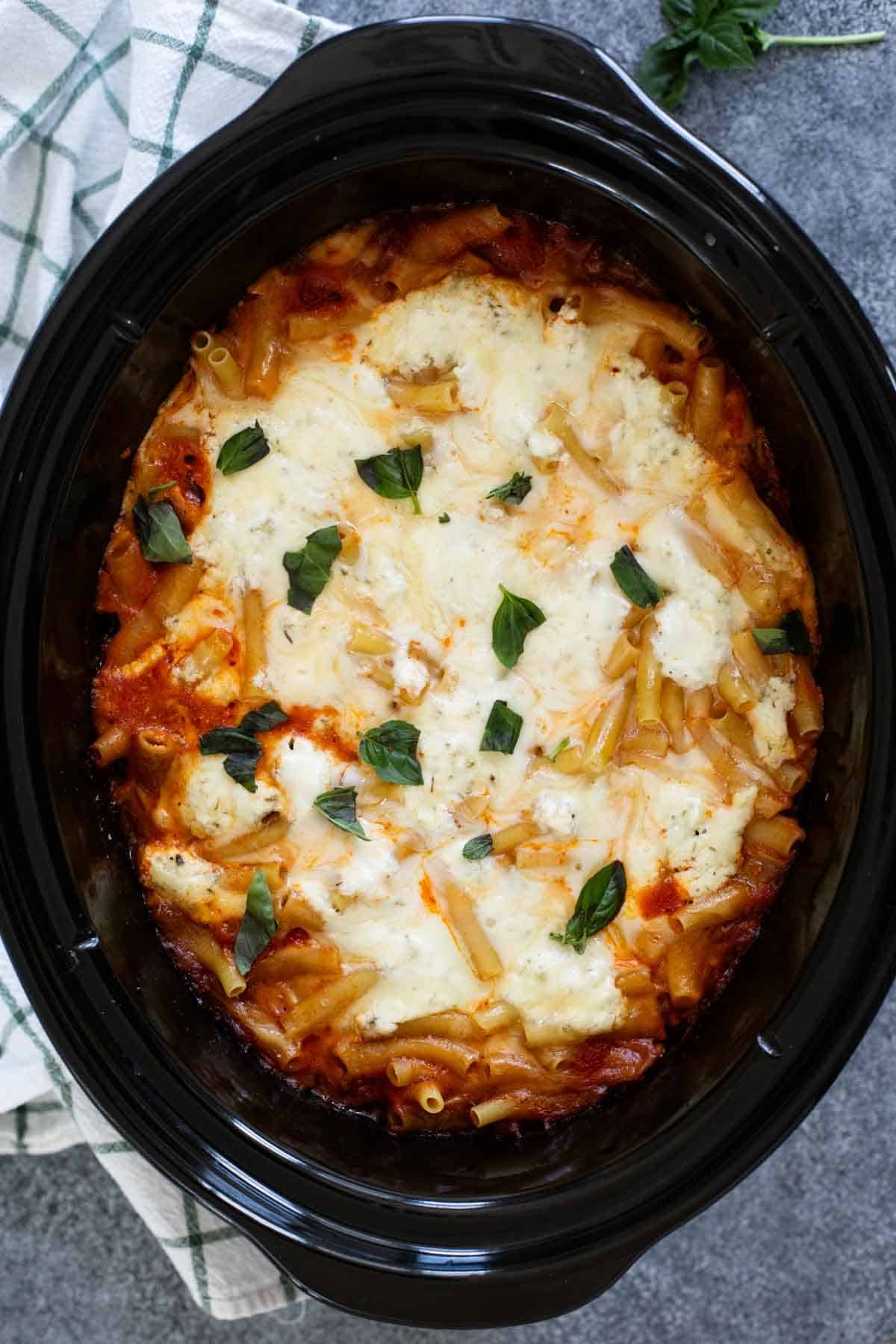 Crock Pot Baked Ziti in a slow cooker.
