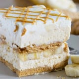 Slice of Peanut Butter Banana Icebox Cake on a plate.