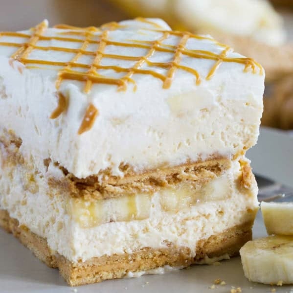 Slice of Peanut Butter Banana Icebox Cake on a plate.