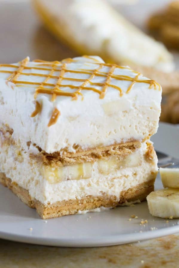 Slice of Peanut Butter Banana Icebox Cake on a plate.