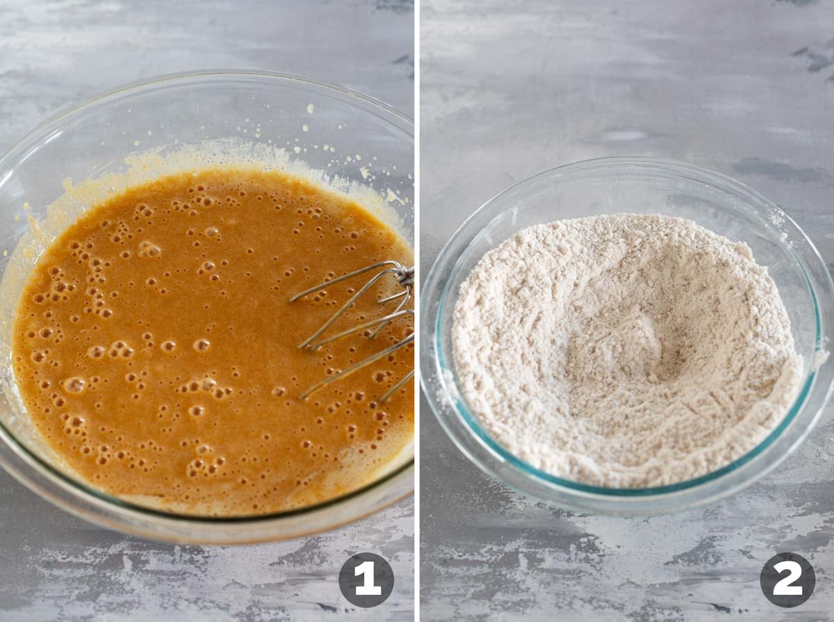 Mixing wet ingredients and mixing dry ingredients for Pumpkin Coconut Bread.