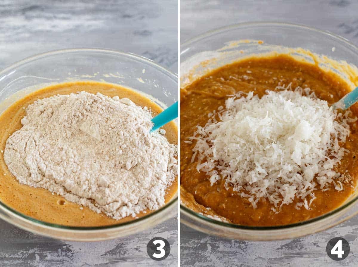 Adding dry ingredients to batter, then mixing in shredded coconut.