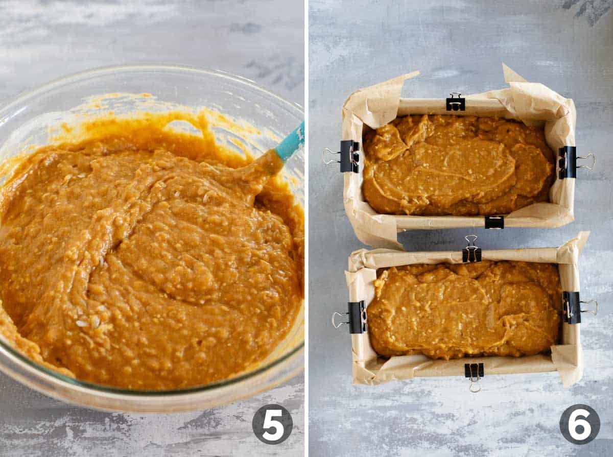 Pumpkin Coconut Bread batter and adding batter into loaf pans.