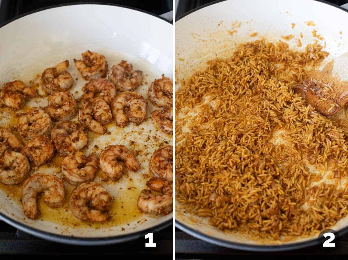 Cooking shrimp and adding orzo and spices to a skillet.
