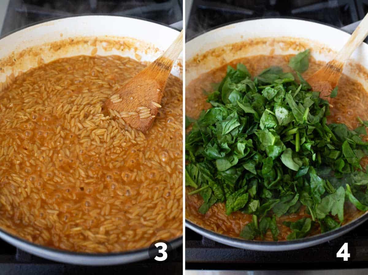 Cooking orzo in a large skillet and adding spinach.