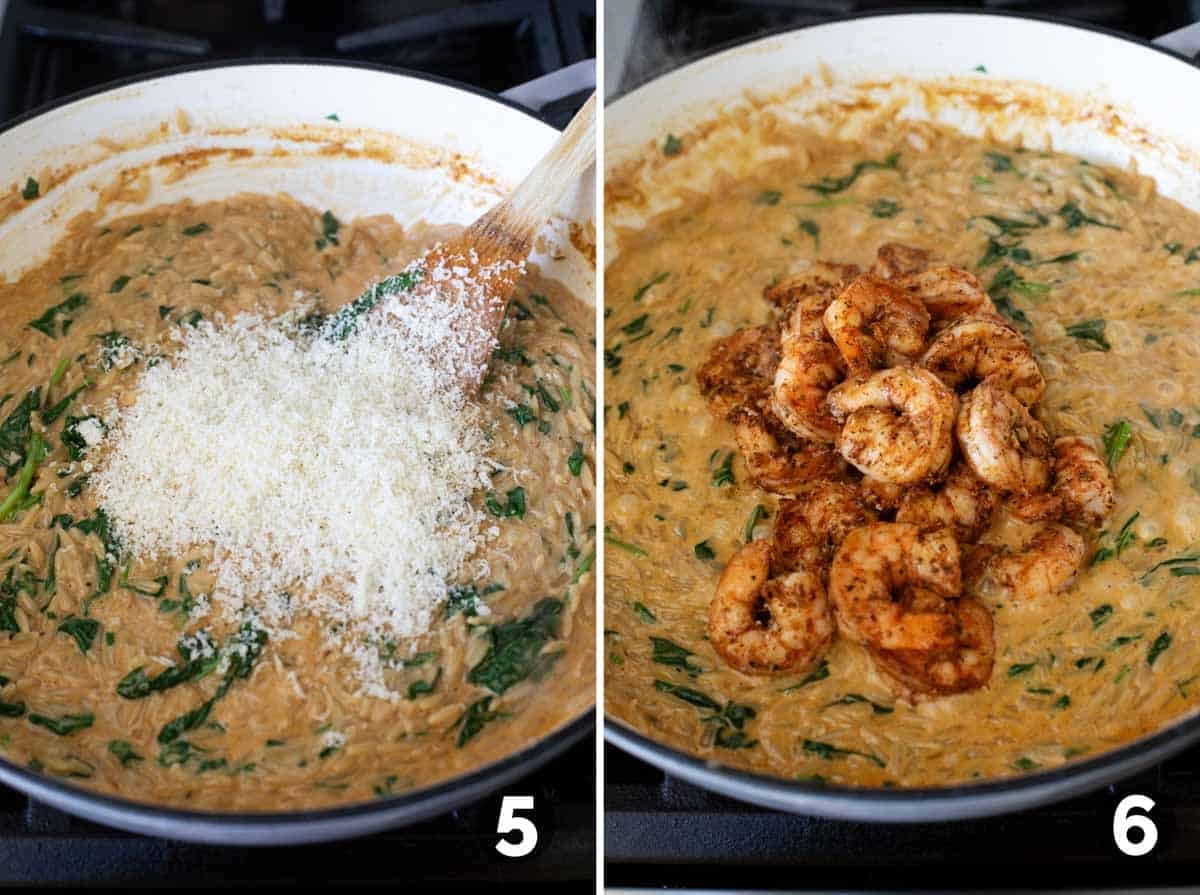 Adding parmesan and shrimp to a shrimp orzo skillet.