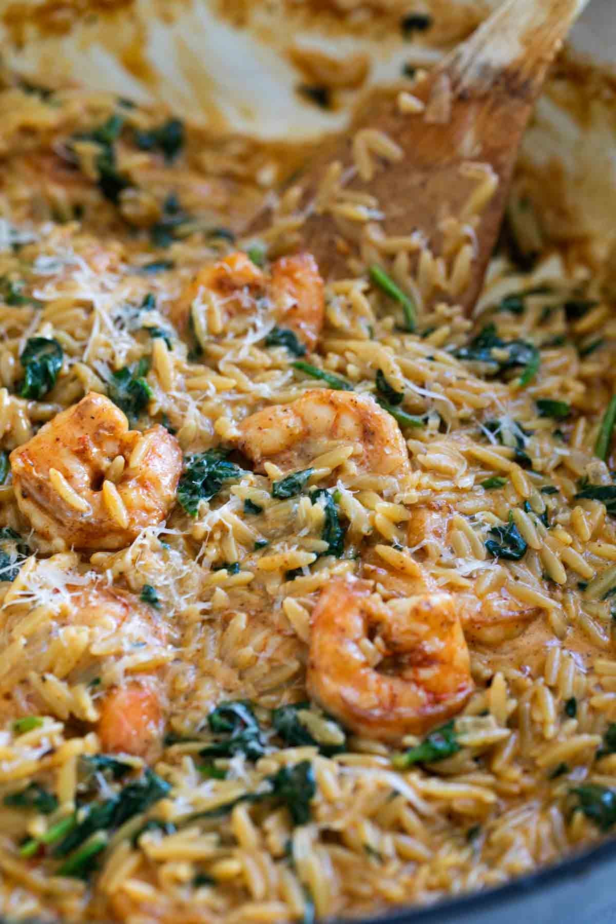 Shrimp Orzo Skillet with spinach.