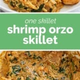 Shrimp Orzo Skillet collage with text bar in the middle.
