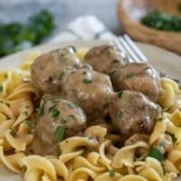 Swedish Meatballs and sauce over egg noodles, topped with parsley.