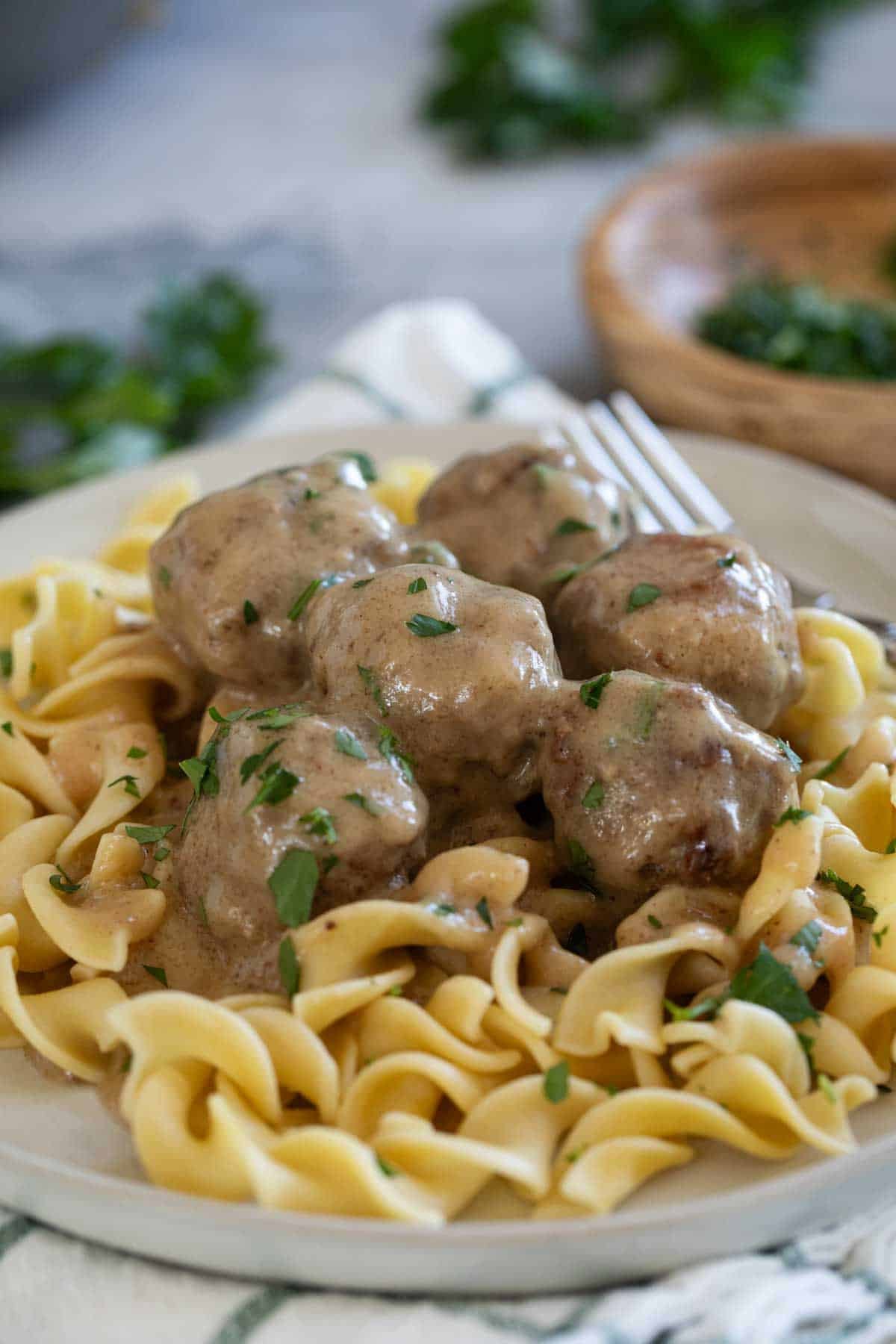 Swedish Meatballs and sauce over egg noodles, topped with parsley.