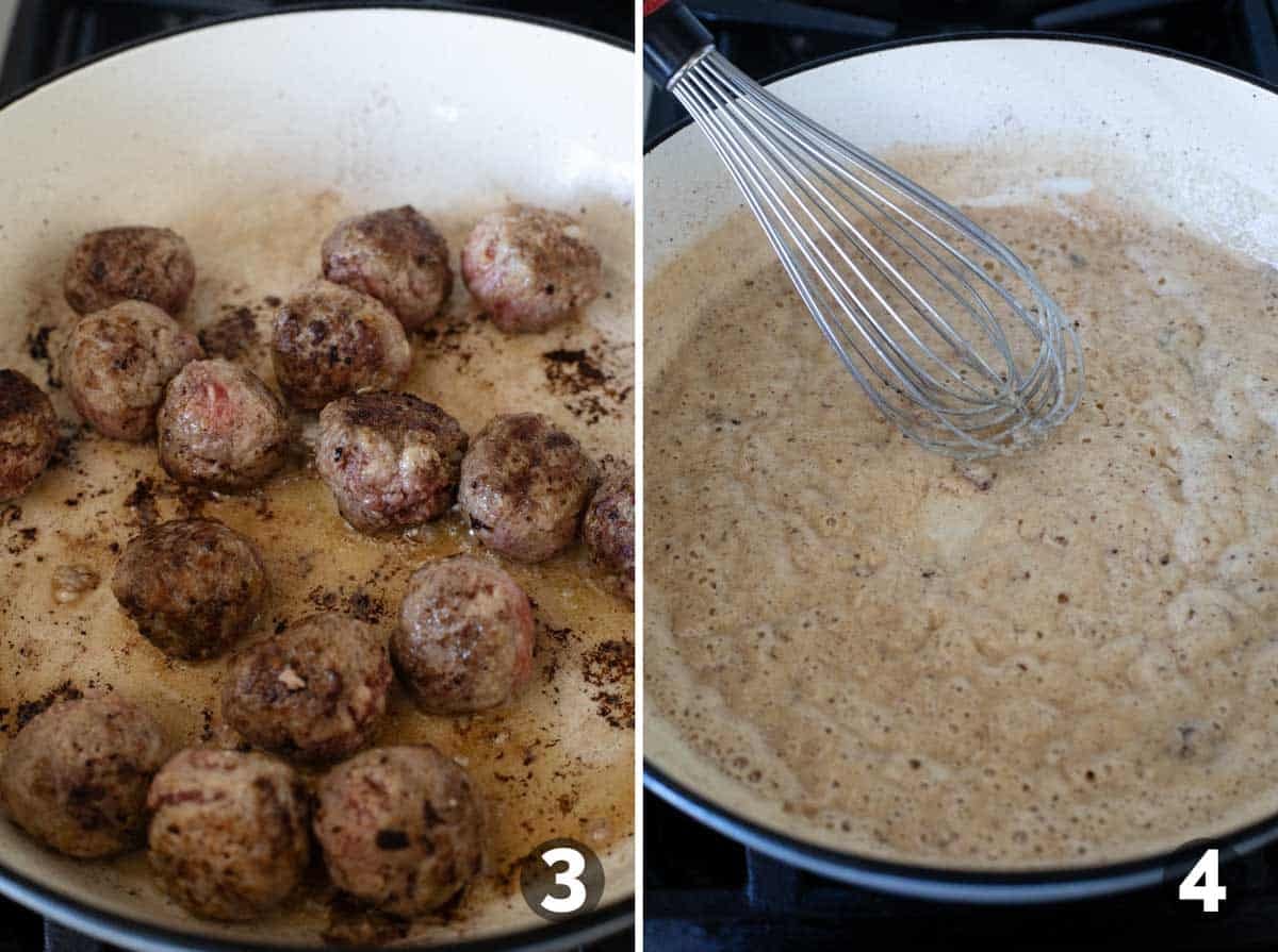 Browning meatballs in a skillet, and adding butter and flour to start sauce.