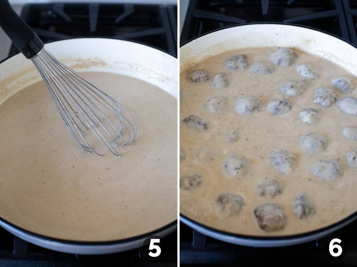 Making sauce and adding meatballs into sauce.