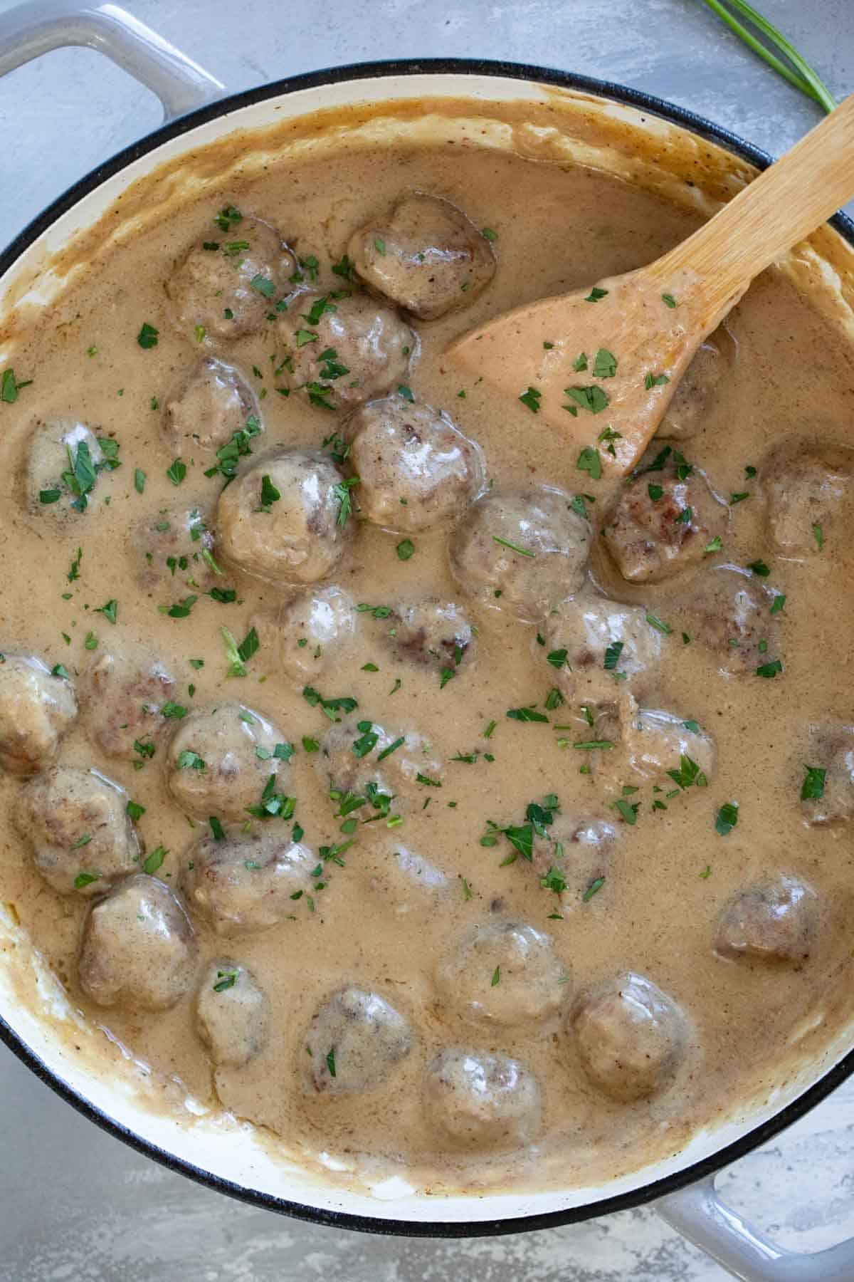 Swedish Meatballs in sauce in a large skillet.
