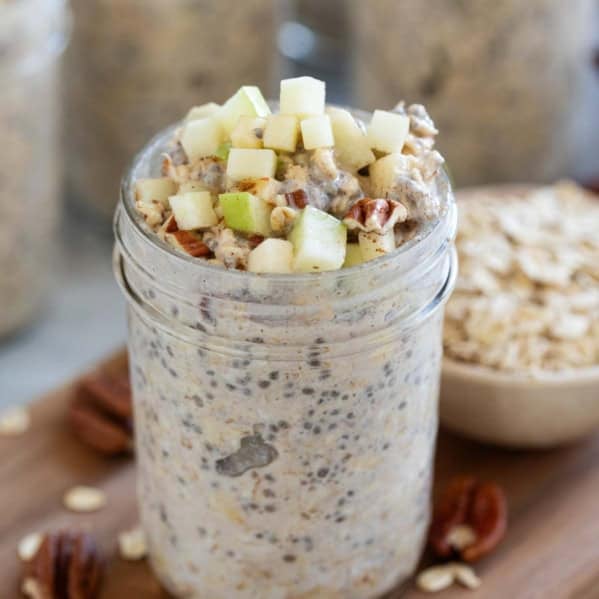 Apple Pie Overnight Oats with fresh apples, yogurt, chia seeds, and cinnamon.