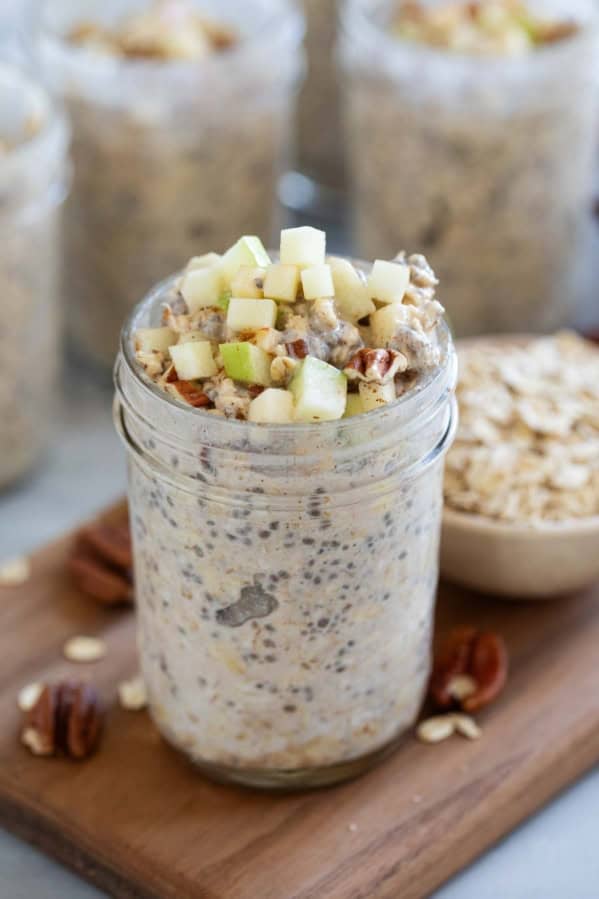 Apple Pie Overnight Oats with fresh apples, yogurt, chia seeds, and cinnamon.
