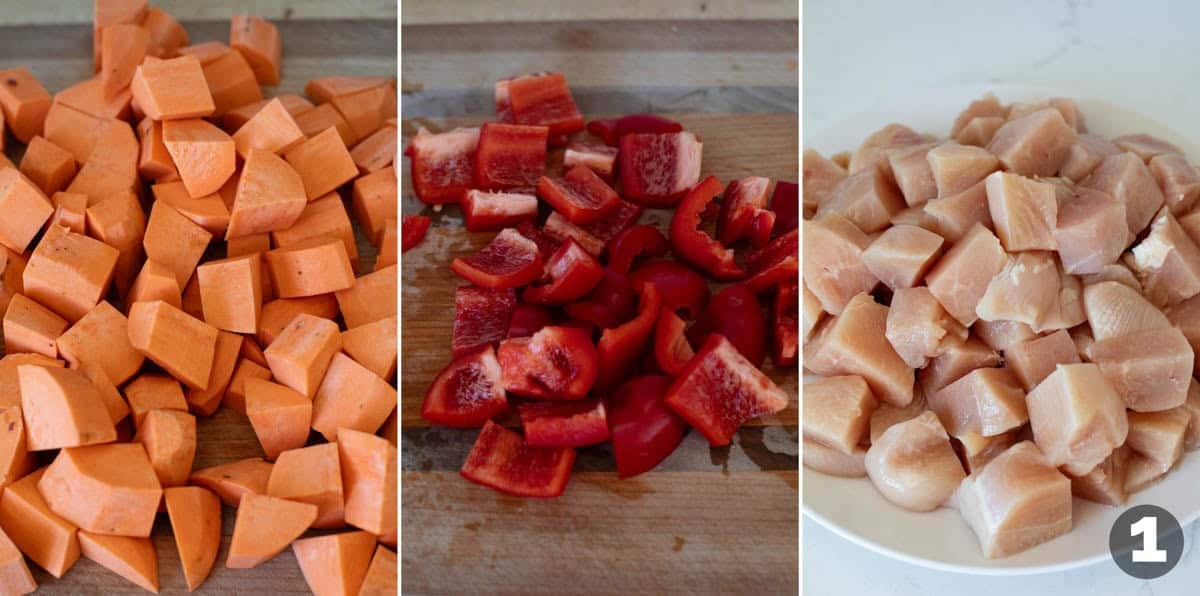 Chopping sweet potatoes, bell pepper, and chicken for Slow Cooker BBQ Chicken and Vegetables.