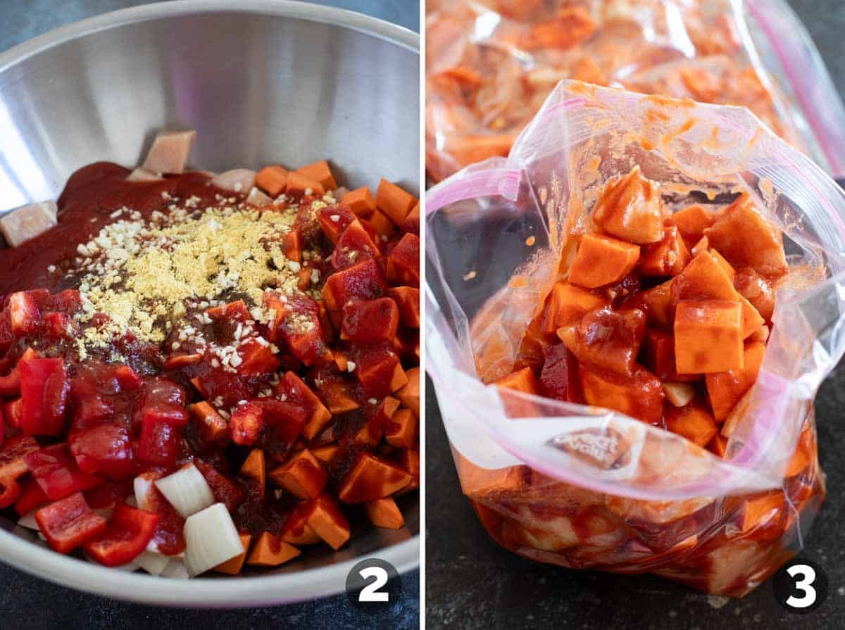 Combining ingredients for bbq chicken and vegetables, and placing in freezer bag.