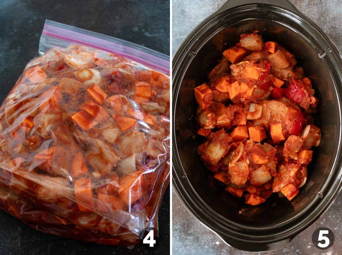 Adding bbq chicken and vegetables to freezer bags, then adding frozen meal to a slow cooker.