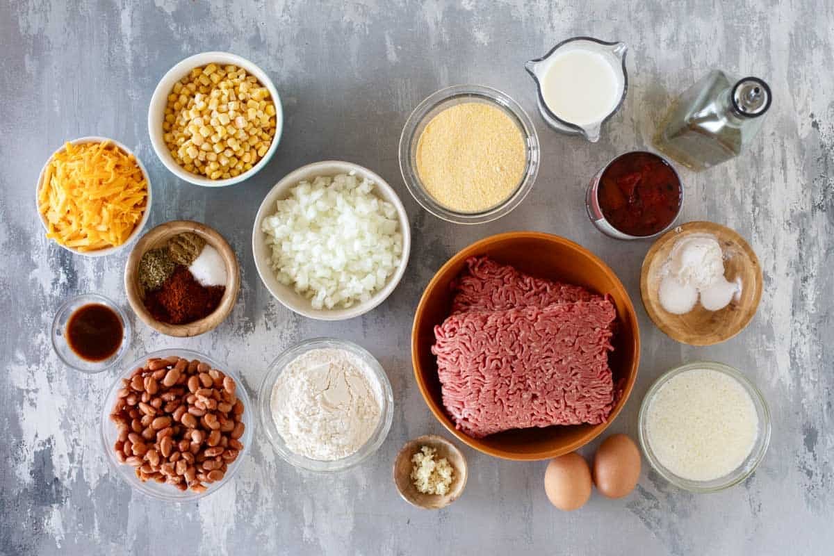 Ingredients for Chili Cornbread Casserole.
