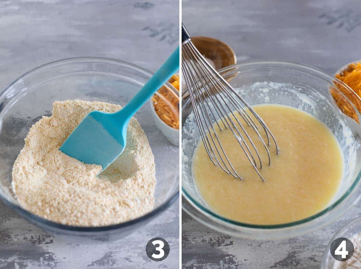 Mixing dry ingredients and wet ingredients for the chili cornbread topping.