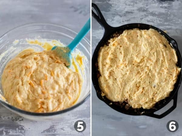 Mixing shredded cheese into the cornbread topping and adding topping to chili in a skillet.