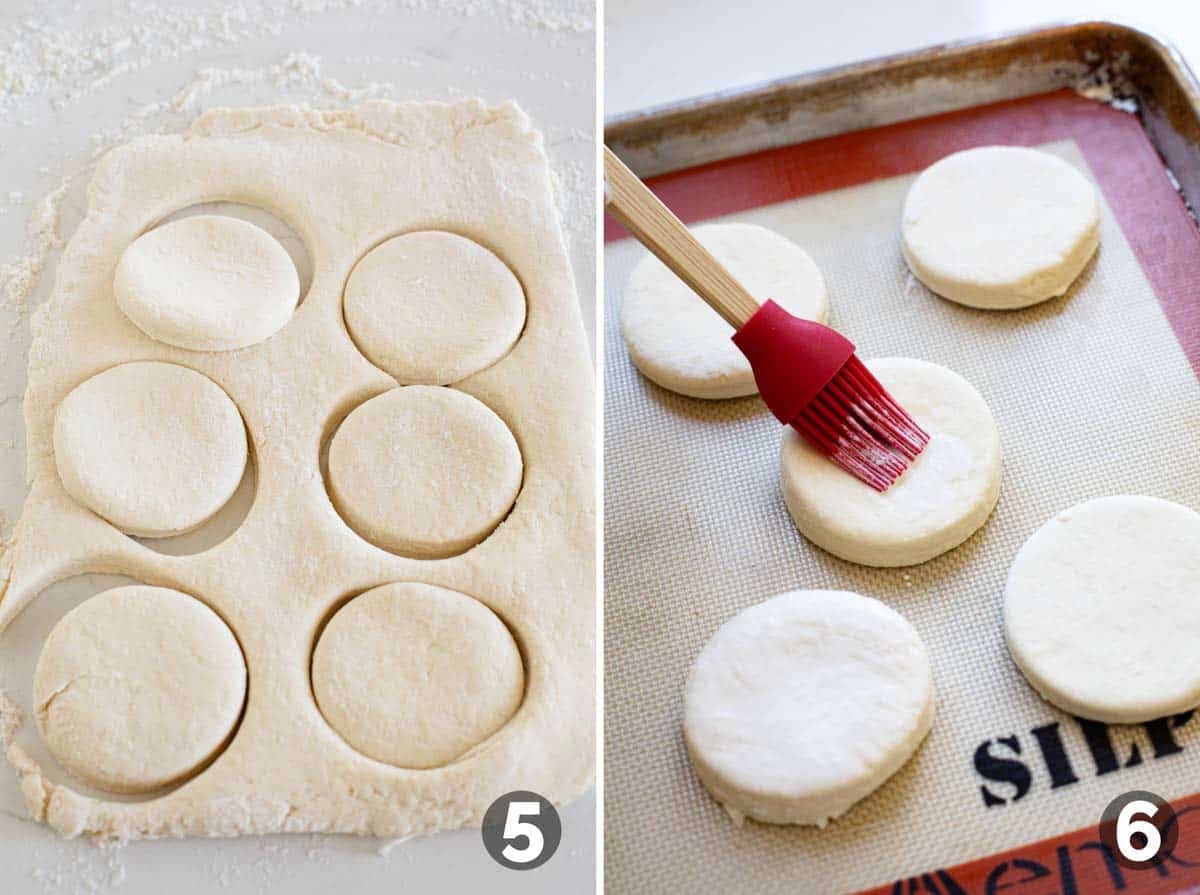 Cutting biscuit dough and brushing the tops with cream.