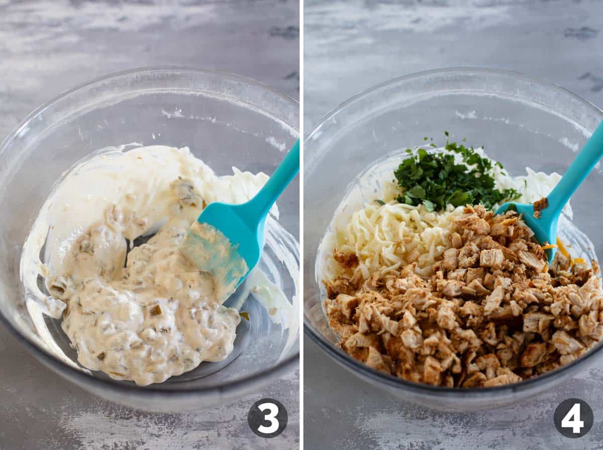 Making filling for Creamy Chicken Quesadillas with chicken, sour cream, green chiles, and cheese.