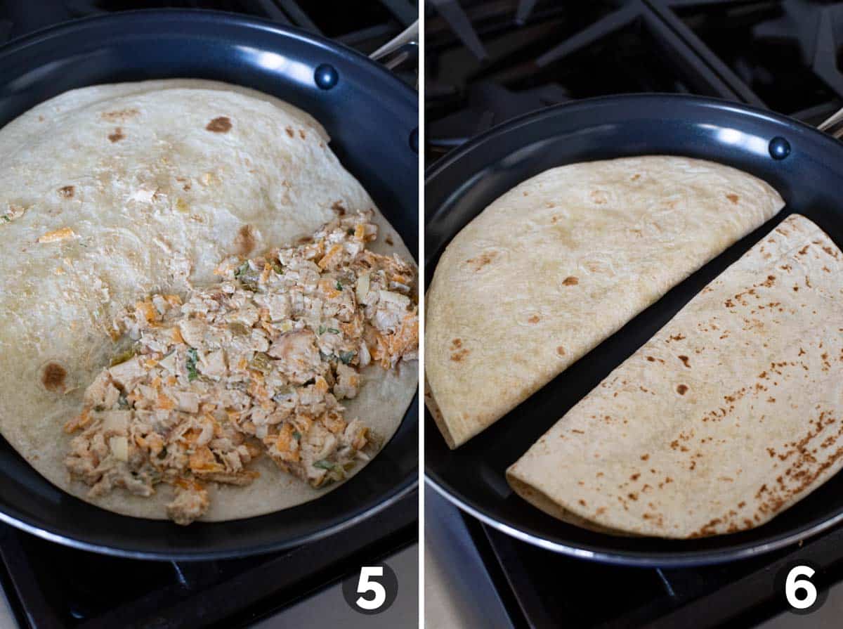 Adding filling to tortillas and cooking quesadillas.