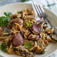 Creamy Orzo with Smoked Sausage, topped with basil and parmesan cheese.