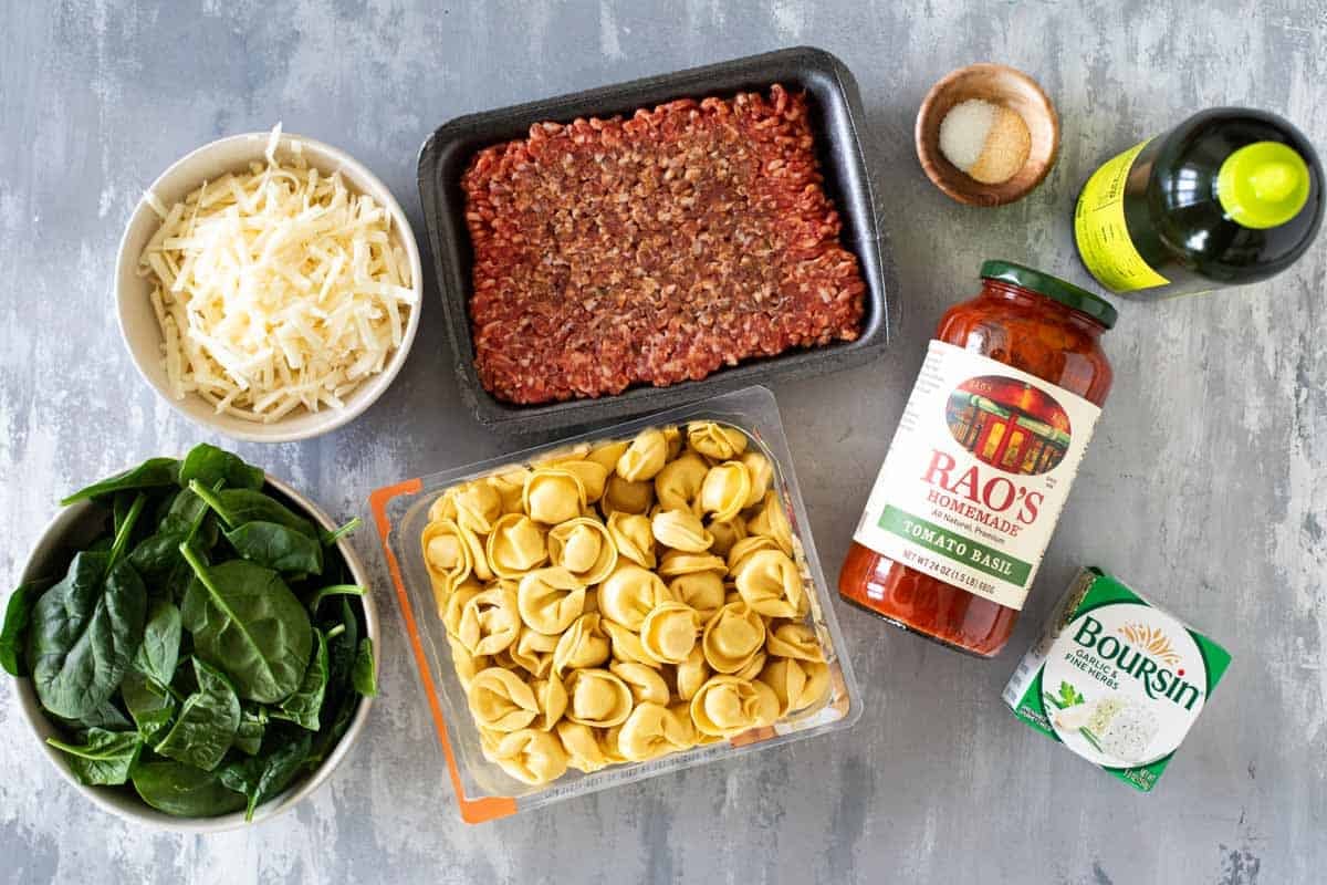 Ingredients for Sausage Tortellini Bake.