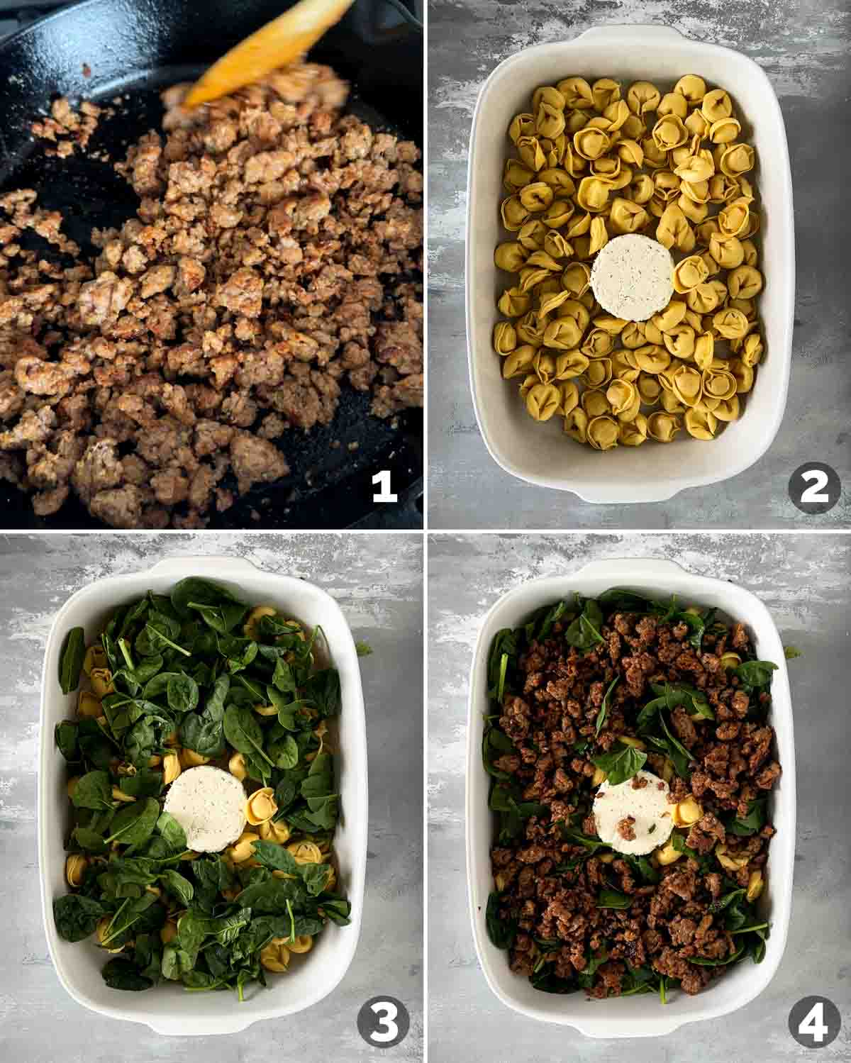 Layering ingredients for Sausage Tortellini Bake.