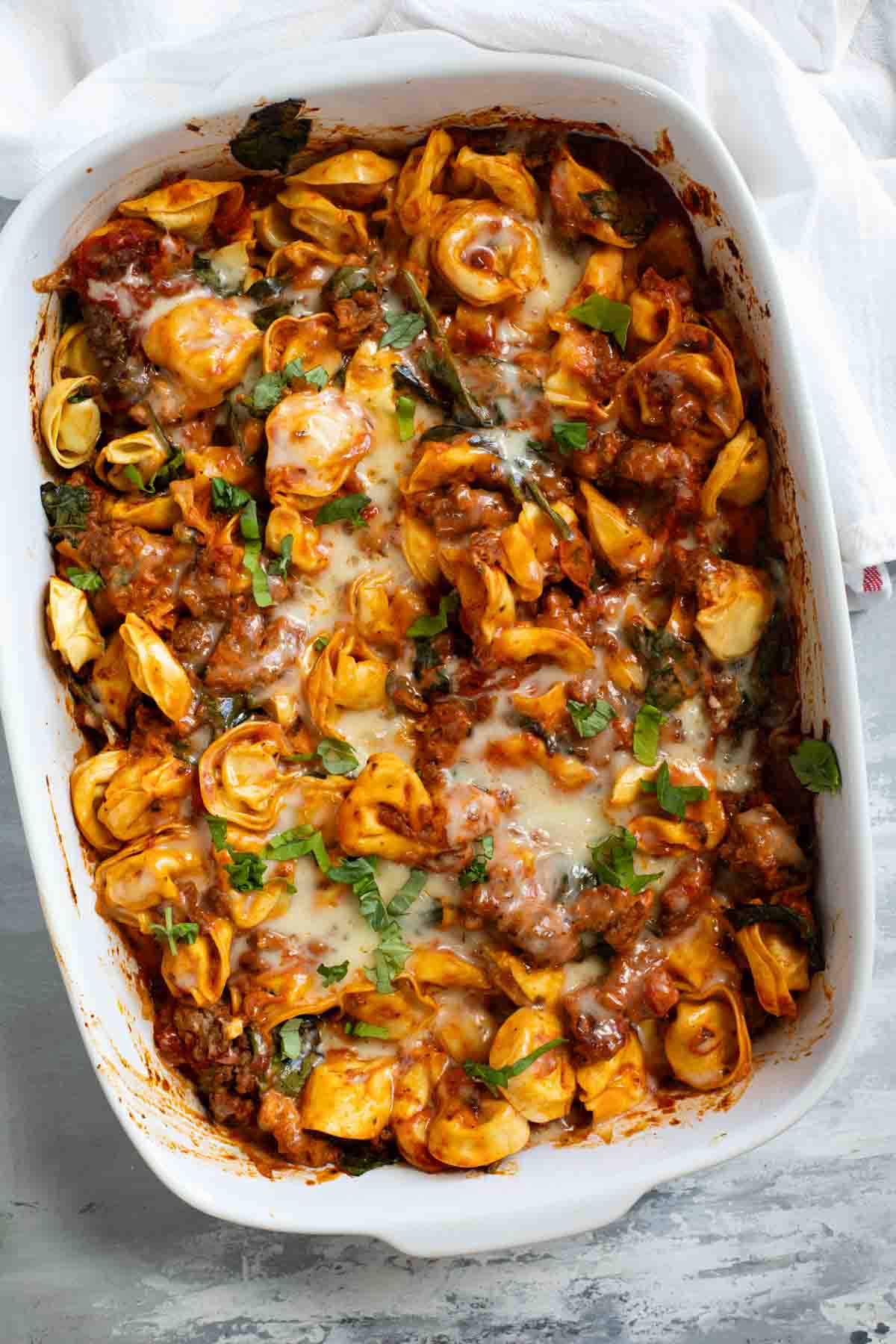 Sausage Tortellini Bake in a casserole dish.