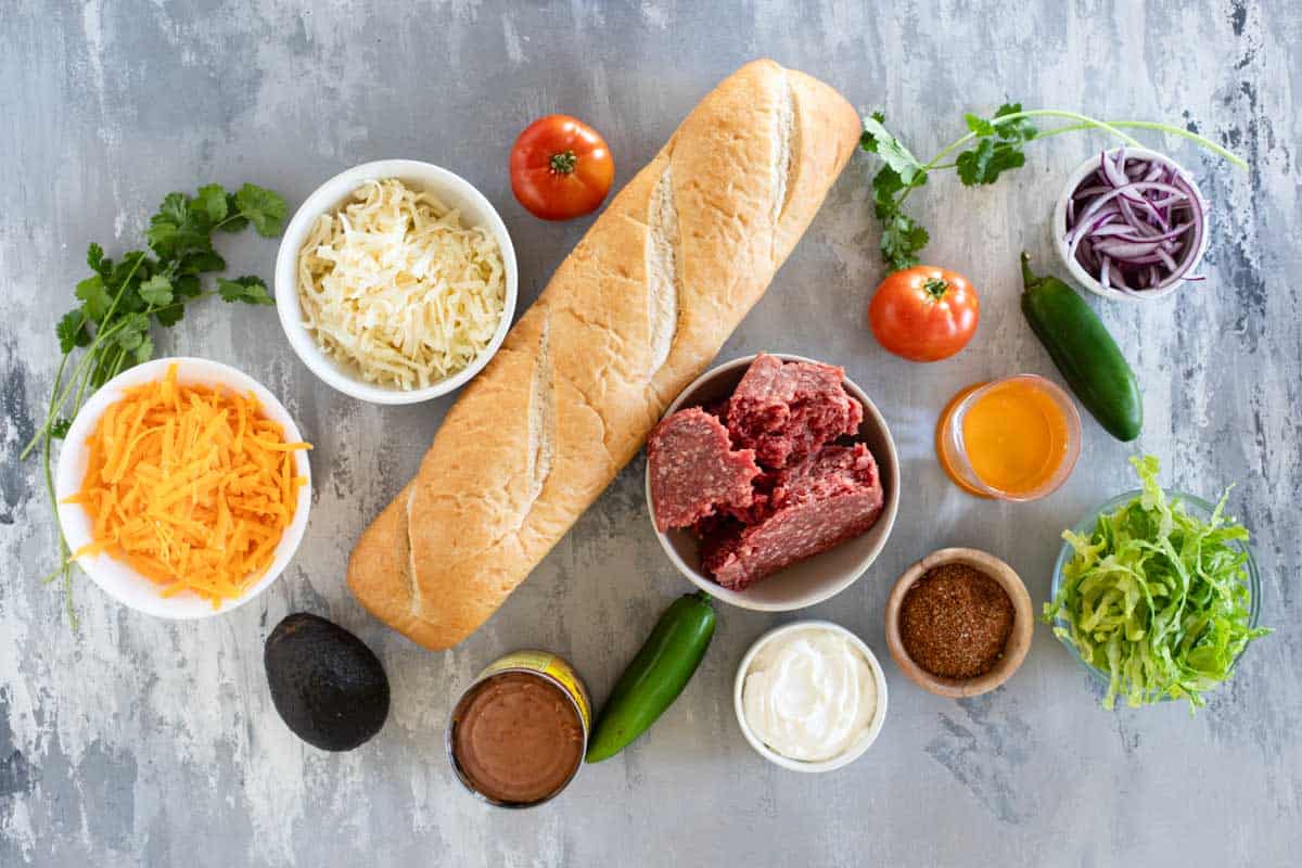 Ingredients for Taco French Bread Pizza.