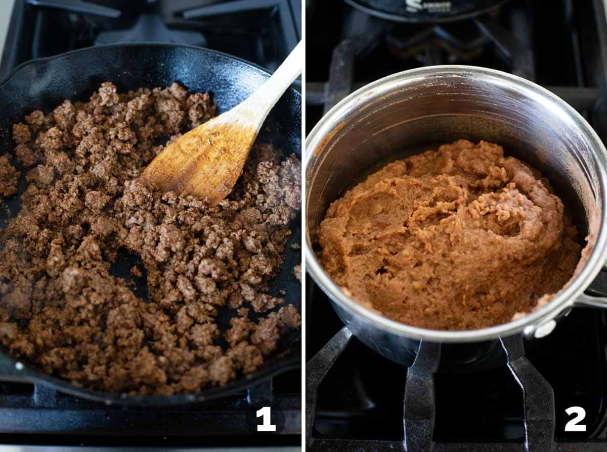Cooking ground beef with taco seasoning and heating refried beans in a pot.