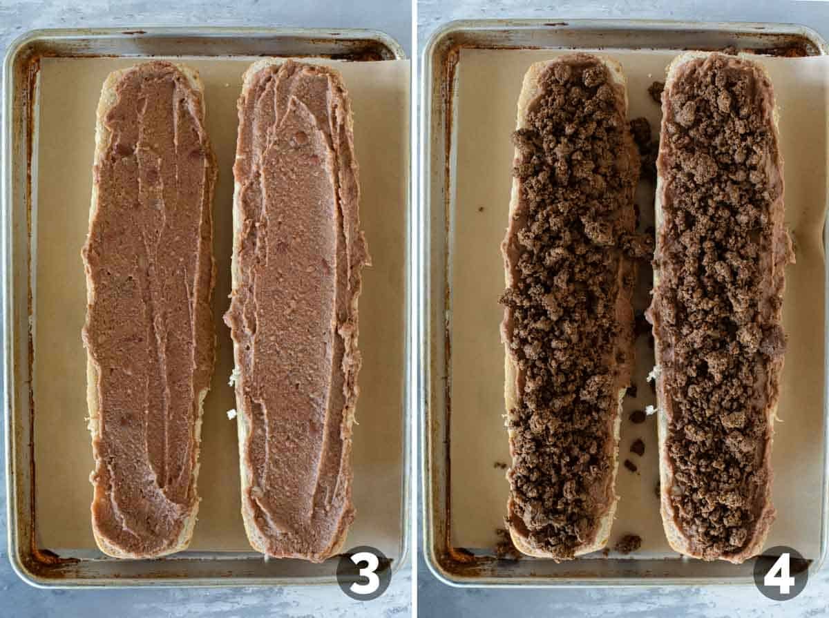 Adding refried beans and taco-seasoned meat to French bread halves.