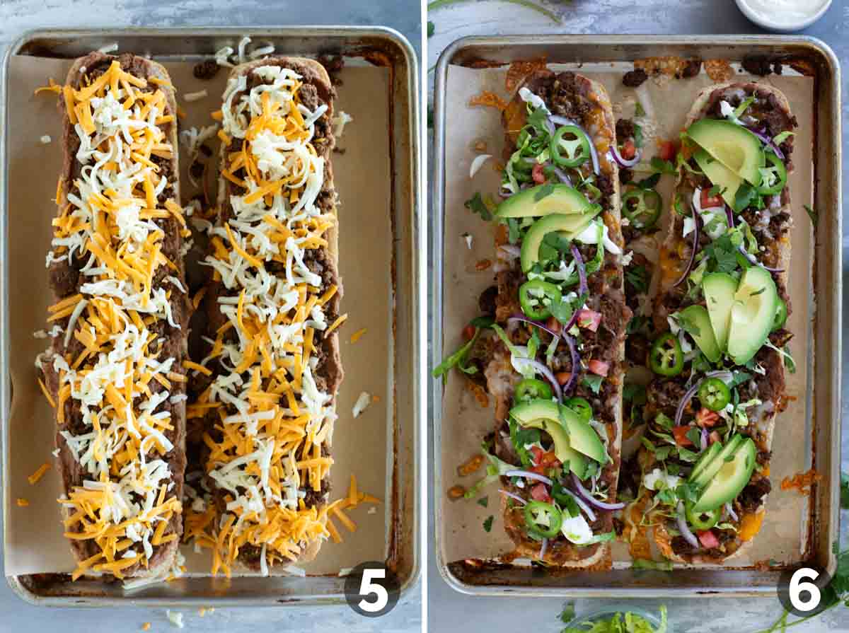 Topping Taco French Bread Pizza with cheese, and then adding toppings to baked pizza.